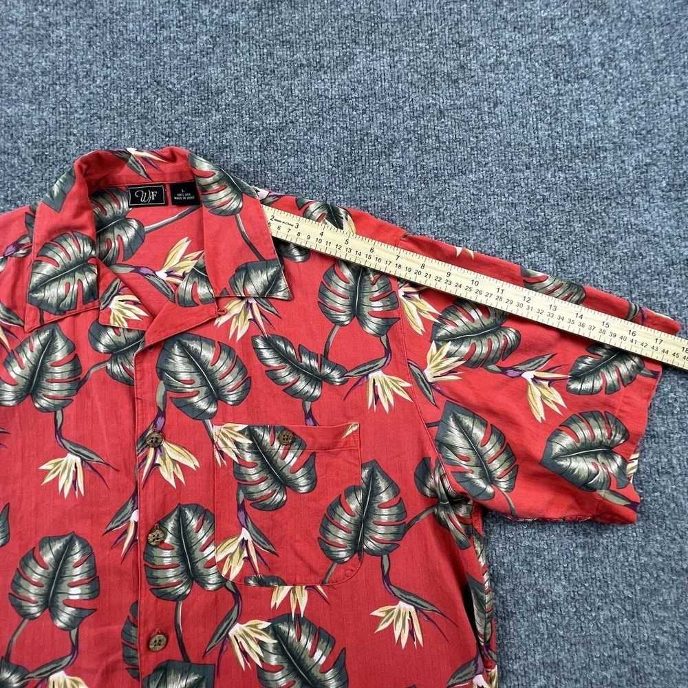 WF 100%‎ Silk Hawaiian Camp Shirt Mens L Red Tropical Leaf Print Short Sleeve